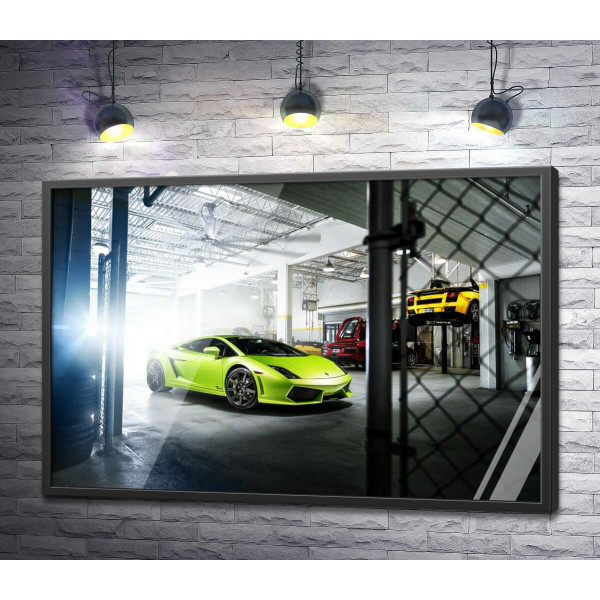 Яркий зеленый Ламборгини (Lamborghini Gallardo) стоит в тени гаража