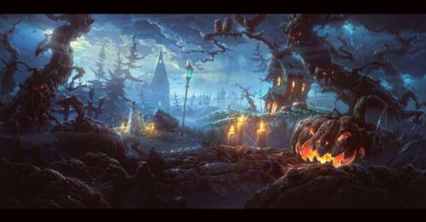 Жуткая атмосфера Хэллоуина (Halloween): злая тыква, среди деревьев-монстров на могилах за старым поместьем