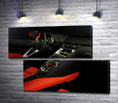 Модульная картина "Изысканный салон автомобиля Ламборгини (Lamborghini) в красно-черных тонах"