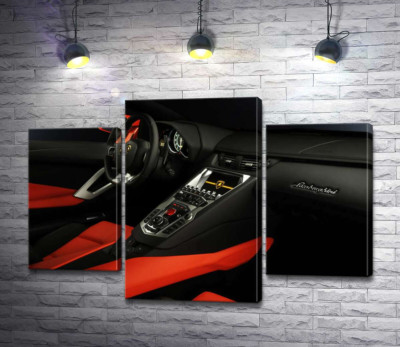 Модульная картина "Изысканный салон автомобиля Ламборгини (Lamborghini) в красно-черных тонах"