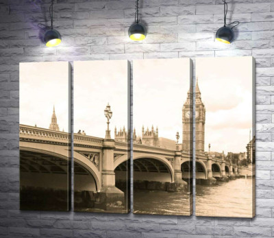 Башня Биг-Бен (Big Ben) виднеется из-за Вестминтерского моста (Westminster Bridge)
