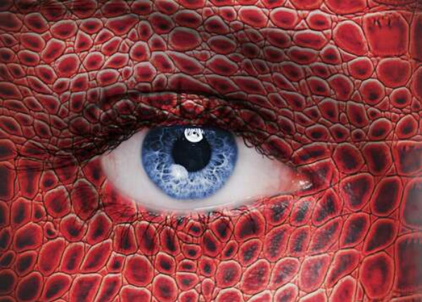 Красная чешуя рептилии очерчивает взгляд голубого глаза девушки