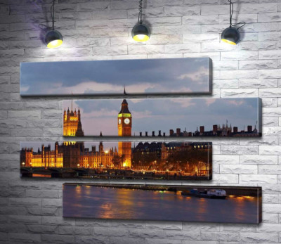 Вечірня набережна Темзи сяє вогнями Вестмінстерського палацу (Palace of Westminster)