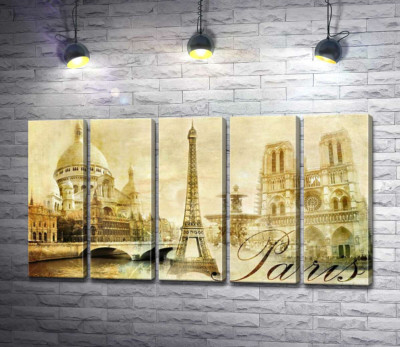 Модульна картина "Головні будівлі Парижу: Ейфелева вежа (Eiffel tower), Нотр-Дам-де-Парі (Notre dame de Paris) та базиліка Сакре-Кер (Basilique du Sacre Cœur)"
