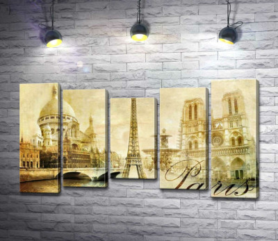 Модульна картина "Головні будівлі Парижу: Ейфелева вежа (Eiffel tower), Нотр-Дам-де-Парі (Notre dame de Paris) та базиліка Сакре-Кер (Basilique du Sacre Cœur)"
