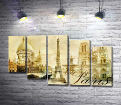 Модульна картина "Головні будівлі Парижу: Ейфелева вежа (Eiffel tower), Нотр-Дам-де-Парі (Notre dame de Paris) та базиліка Сакре-Кер (Basilique du Sacre Cœur)"