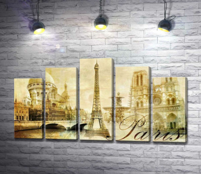 Модульная картина "Главные здания Парижа: Эйфелева башня (Eiffel tower), Нотр-Дам-де-Пари (Notre dame de Paris) и базилика Сакре-Кер (Basilique du Sacre Cœur)"