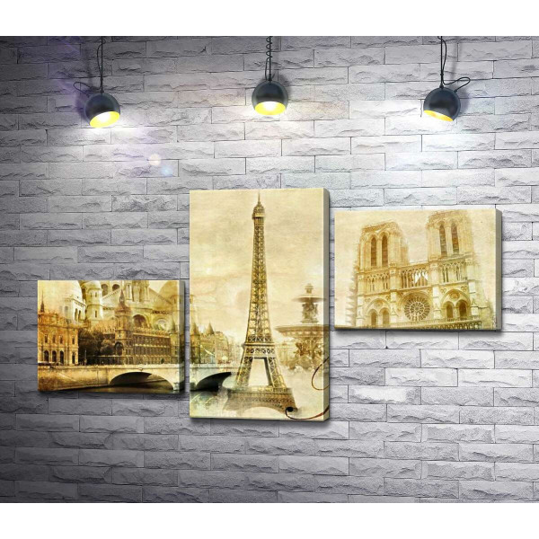 Главные здания Парижа: Эйфелева башня (Eiffel tower), Нотр-Дам-де-Пари (Notre dame de Paris) и базилика Сакре-Кер (Basilique du Sacre Cœur)