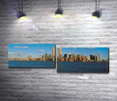 Скопление небоскребов Манхэттена (Manhattan) за заливом Нью-Йорк (New York Bay)