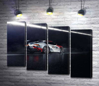Модульна картина "Гоночний автомобіль Тойота (Toyota GR Supra GT4) розганяється на трасі"