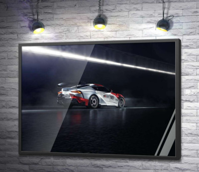 Постер "Гоночний автомобіль Тойота (Toyota GR Supra GT4) розганяється на трасі"