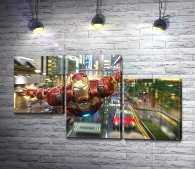 Модульная картина "Супергерой Железный человек (Iron Man) летит над дорогой мегаполиса"