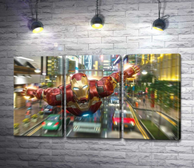 Супергерой Залізна людина (Iron Man) летить над дорогою мегаполісу