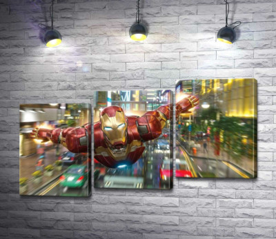 Модульна картина "Супергерой Залізна людина (Iron Man) летить над дорогою мегаполісу"