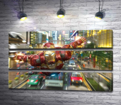 Супергерой Залізна людина (Iron Man) летить над дорогою мегаполісу