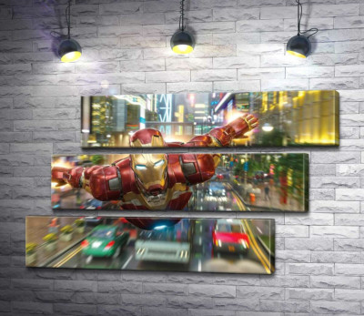 Модульна картина "Супергерой Залізна людина (Iron Man) летить над дорогою мегаполісу"