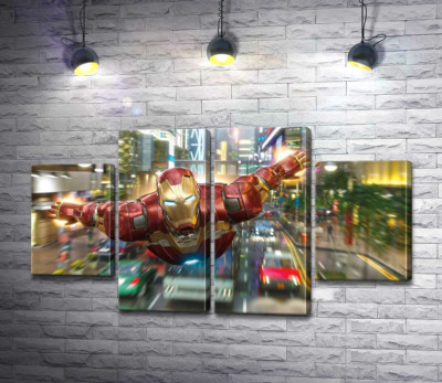 Модульная картина "Супергерой Железный человек (Iron Man) летит над дорогой мегаполиса"