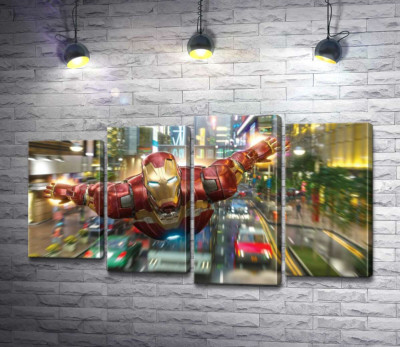 Модульна картина "Супергерой Залізна людина (Iron Man) летить над дорогою мегаполісу"