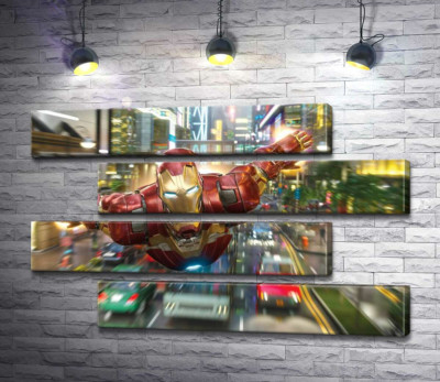 Модульна картина "Супергерой Залізна людина (Iron Man) летить над дорогою мегаполісу"