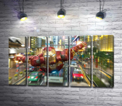 Супергерой Железный человек (Iron Man) летит над дорогой мегаполиса