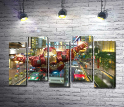 Модульная картина "Супергерой Железный человек (Iron Man) летит над дорогой мегаполиса"