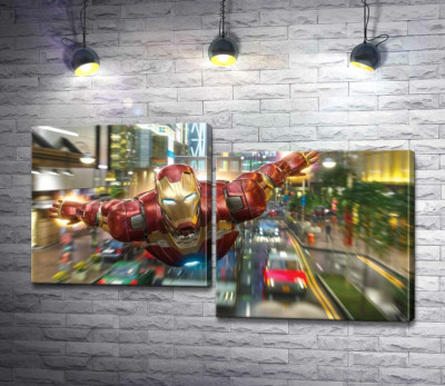 Супергерой Залізна людина (Iron Man) летить над дорогою мегаполісу