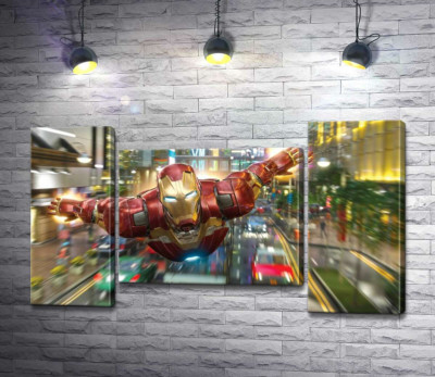 Супергерой Залізна людина (Iron Man) летить над дорогою мегаполісу