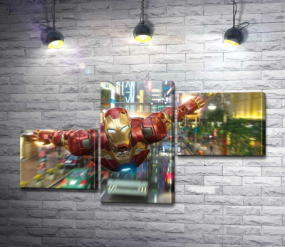 Супергерой Железный человек (Iron Man) летит над дорогой мегаполиса
