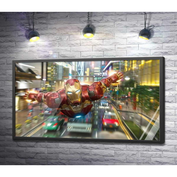 Супергерой Железный человек (Iron Man) летит над дорогой мегаполиса