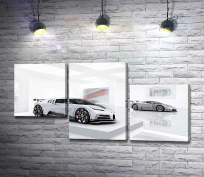 Модульная картина "Белый блеск спортивного автомобиля Бугатти (Bugatti Centodieci)"