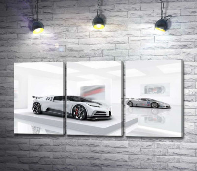 Модульная картина "Белый блеск спортивного автомобиля Бугатти (Bugatti Centodieci)"