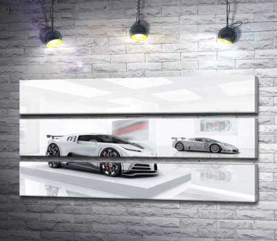 Модульная картина "Белый блеск спортивного автомобиля Бугатти (Bugatti Centodieci)"