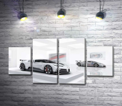 Модульная картина "Белый блеск спортивного автомобиля Бугатти (Bugatti Centodieci)"