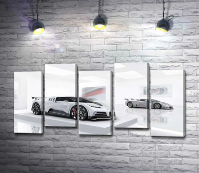 Модульная картина "Белый блеск спортивного автомобиля Бугатти (Bugatti Centodieci)"