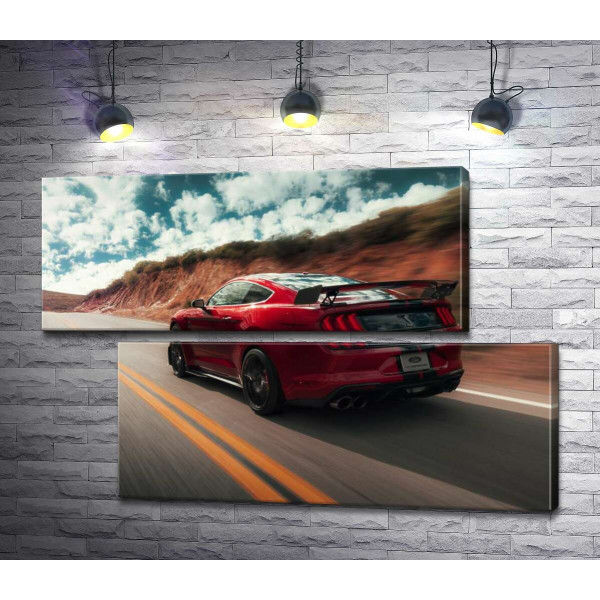 Яркое пятно среди пустыни: красный спортивный автомобиль Ford Mustang Shelby GT500