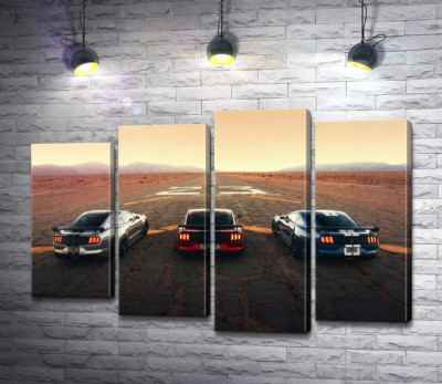 Модульная картина "Гоночные автомобили Ford Mustang Shelby GT500 на старой дороге"