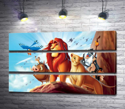 Модульна картина "Тварини - герої мультфільму "Король Лев" (The Lion King) стоять на краю скелі на чолі з Сімбою"