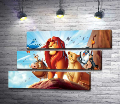 Модульна картина "Тварини - герої мультфільму "Король Лев" (The Lion King) стоять на краю скелі на чолі з Сімбою"