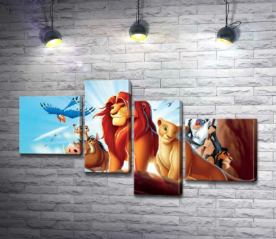 Модульна картина "Тварини - герої мультфільму "Король Лев" (The Lion King) стоять на краю скелі на чолі з Сімбою"