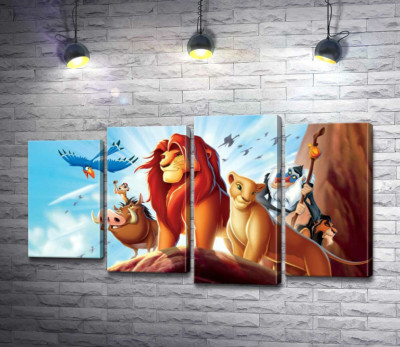 Модульная картина "Животные – герои мультфильма "Король Лев" (The Lion King) стоят на краю скалы во главе с Симбой"