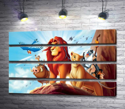 Модульна картина "Тварини - герої мультфільму "Король Лев" (The Lion King) стоять на краю скелі на чолі з Сімбою"