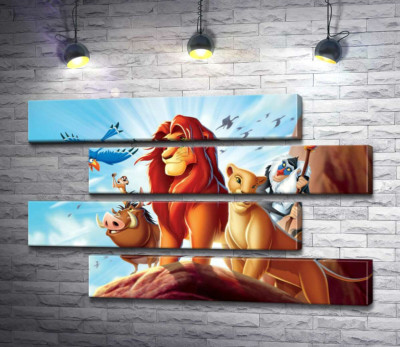 Модульна картина "Тварини - герої мультфільму "Король Лев" (The Lion King) стоять на краю скелі на чолі з Сімбою"