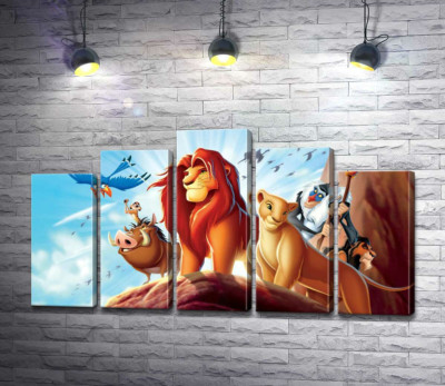 Тварини - герої мультфільму "Король Лев" (The Lion King) стоять на краю скелі на чолі з Сімбою
