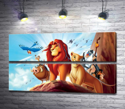 Модульная картина "Животные – герои мультфильма "Король Лев" (The Lion King) стоят на краю скалы во главе с Симбой"