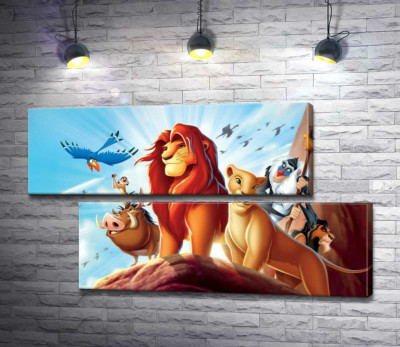 Модульная картина "Животные – герои мультфильма "Король Лев" (The Lion King) стоят на краю скалы во главе с Симбой"