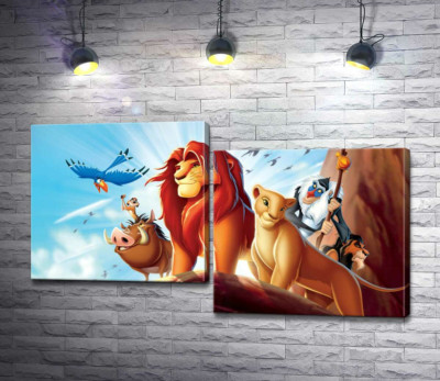 Модульная картина "Животные – герои мультфильма "Король Лев" (The Lion King) стоят на краю скалы во главе с Симбой"