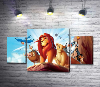 Модульная картина "Животные – герои мультфильма "Король Лев" (The Lion King) стоят на краю скалы во главе с Симбой"