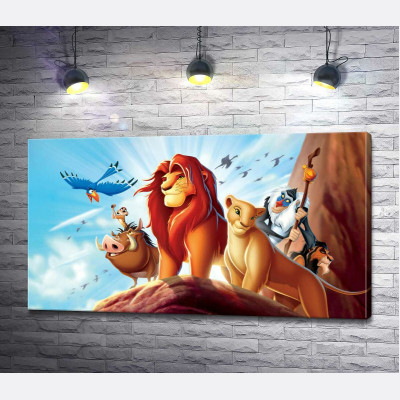 Животные – герои мультфильма "Король Лев" (The Lion King) стоят на краю скалы во главе с Симбой