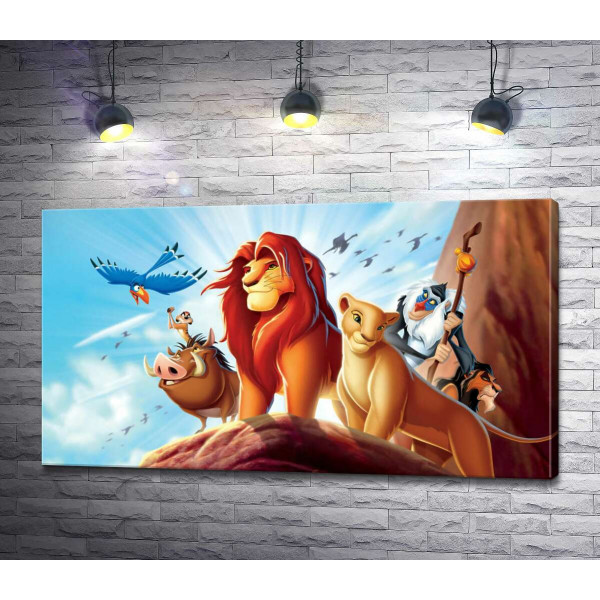 Животные – герои мультфильма "Король Лев" (The Lion King) стоят на краю скалы во главе с Симбой