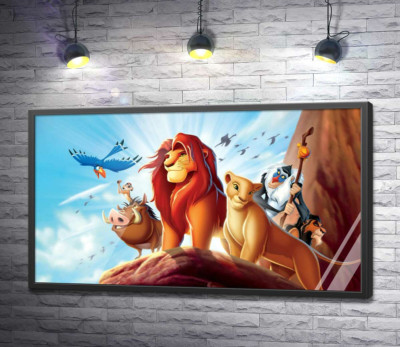 Постер "Тварини - герої мультфільму "Король Лев" (The Lion King) стоять на краю скелі на чолі з Сімбою"
